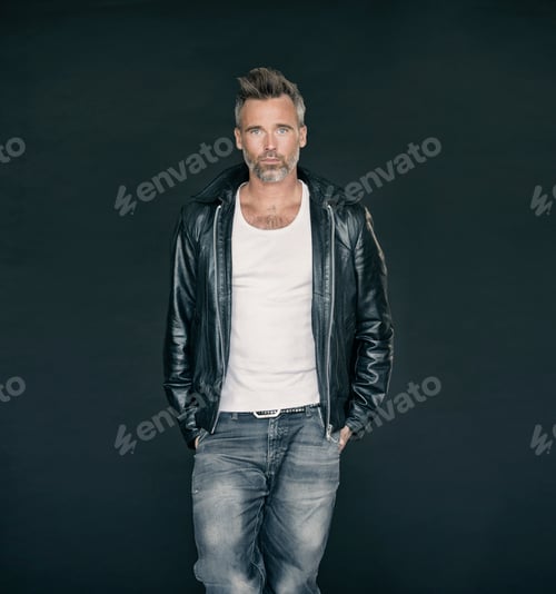 Preview: He has his own sense of style. A mature man wearing a leather jacket - studio.