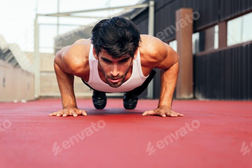 Preview: handsome sportsman doing push ups on a red floor