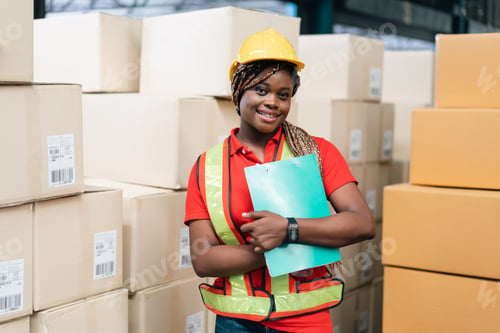 Preview: Portrait of smiling African female worker holding checklist with boxex
