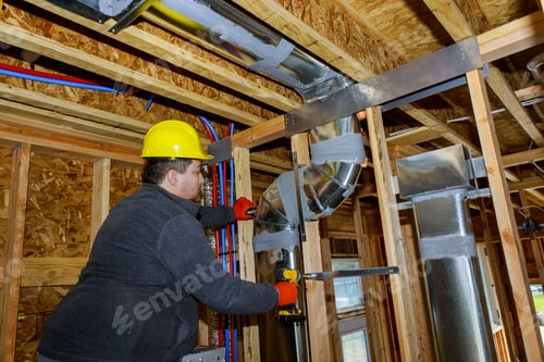 Preview: Workers making final air duct conditioning HVAC system ventilation pipes stands for heating