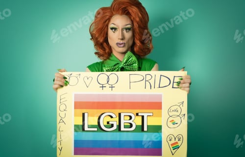 Preview: Drag queen celebrating gay pride holding banner with rainbow flag - LGBTQ social community concept