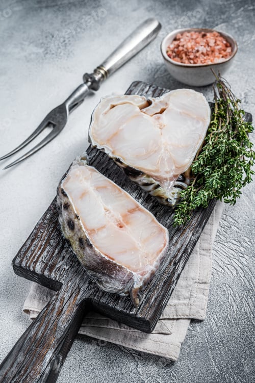 Preview: Raw wolffish fillet fish Steak on wooden cutting board. White background. Top view