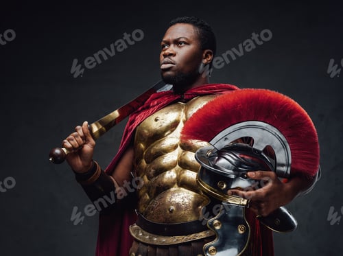 Preview: Proud roman soldier of african ethnic with sword and shield