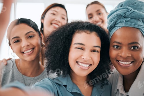Preview: Teamwork selfie, business women and fun creative people for social media, contact us or about us co