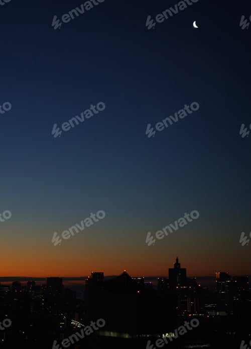 Preview: Tokyo skyline at dawn with moon hanging high