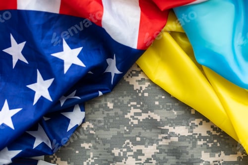 Preview: US flag together with Ukrainian flag in a single picture, flags blending one into the other.