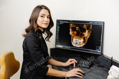 Preview: Dentist shows the patient his x-ray of the jaw. Panoramic shot of teeth on the screen at the dentist