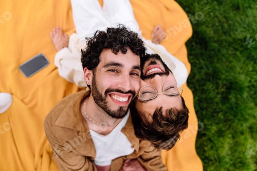 Preview: Happy ethnic gay couple on blanket with smartphone