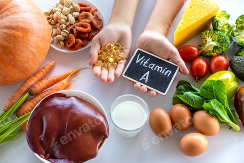 Preview: Products containing vitamin A. Selective focus.