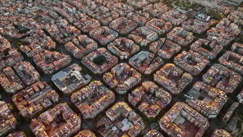 Preview: Aerial view of typical buildings of Barcelona cityscape. Eixample residential famous urban grid