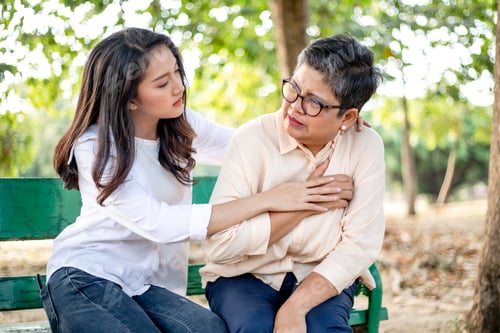 Preview: Asian daughter support and helping her senior mother having heart attack at the park