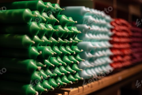 Preview: Colorful stick candles arranged on shelves and sorted by color in a candle shop.