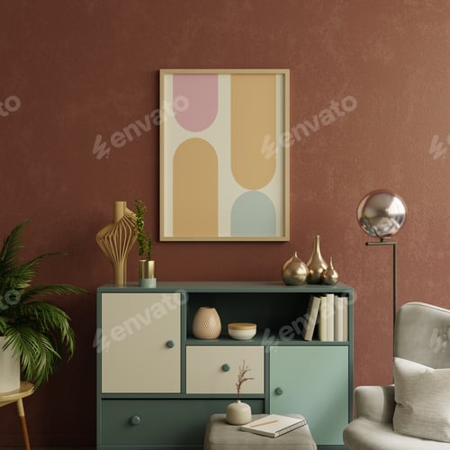 Preview: Picture frame mockup in warm tones with armchair and decoration minimal