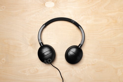 Preview: Black headphones with wire on wooden background