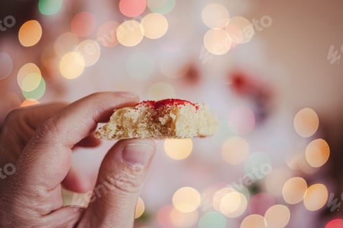 Preview: Hand holding a Christmas cookie with sprinkles and bokeh lights in the background