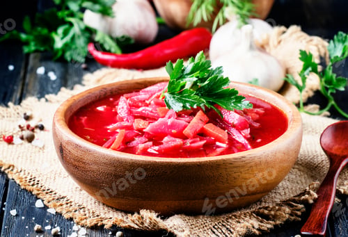 Preview: Borsch soup with beets, cabbage and meat in a wooden bowl, rustic style, selective focus