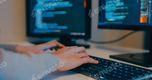 Preview: Closeup young adult Asia female freelance typing write prompt AI bot IT app program nomad.