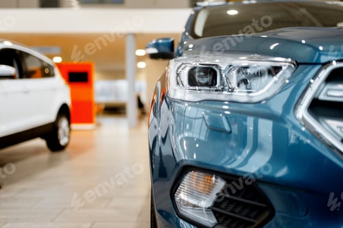 Preview: Car dealership, closeup view on vehicle headlight