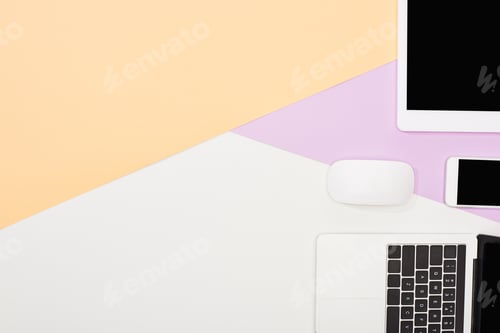 Preview: flat lay with laptop, digital tablet and smartphone with blank screen and computer mouse on beige,