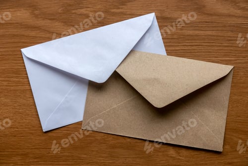 Preview: Brown and white envelope on a wooden background.