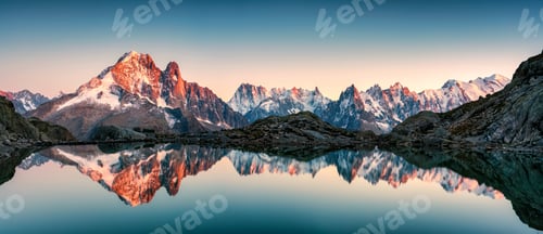 Preview: Lac Blanc with Mont Blanc mountain range reflected on lake in the sunset at Haute Savoie, France