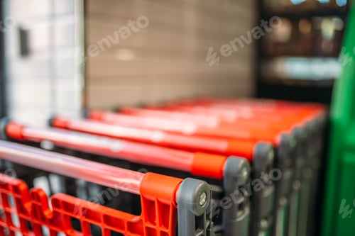 Preview: Shopping carts in supermarket closeup, nobody