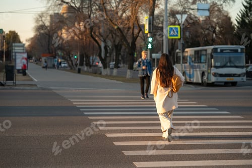 Preview: stylish girl crosses the road to the green light of a traffic light on a pedestrian crossing