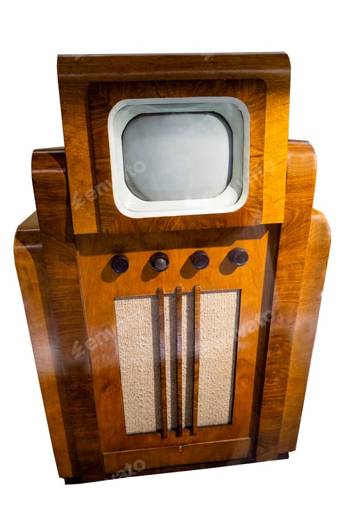 Preview: Old TV isolated on white background. Wooden tube first TV.