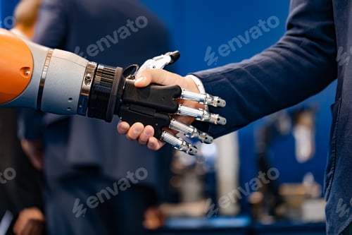 Preview: Hand of a businessman shaking hands with a Android robot.