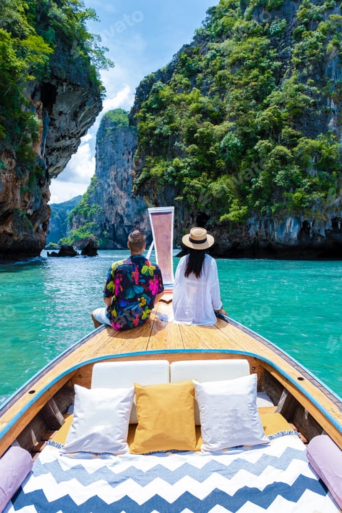 Preview: Longtail boat in Krabi Thailand, couple man, and woman on a trip at the tropical island 4 Island