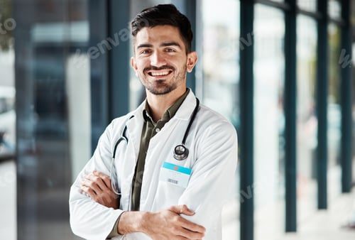 Preview: Portrait, doctor arms crossed and man smile for medical services, GP clinic support or professional