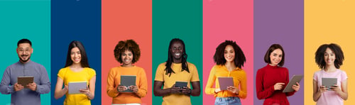 Preview: Collage of multiethnic diverse people using digital tablets