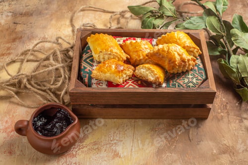 Preview: front view delicious sweet cakes on wooden background pastry biscuit sweet cake
