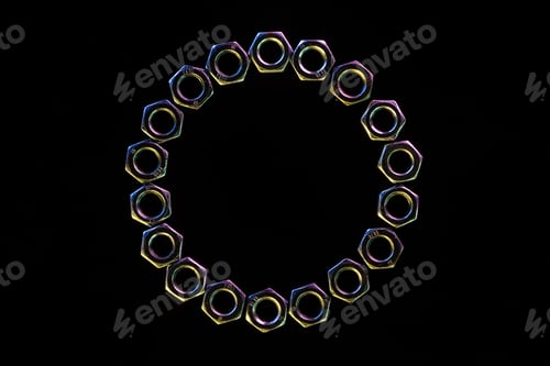 Preview: close up view of steel nuts circle isolated on black with copy space