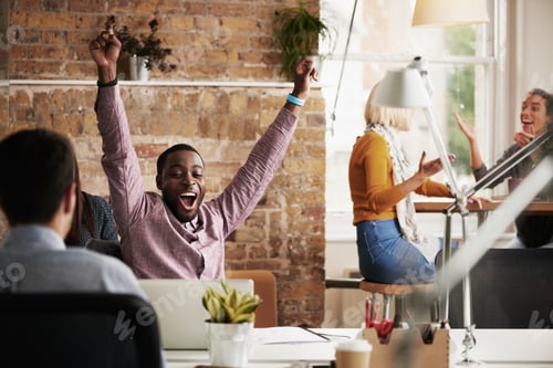 Preview: Businessman with arms raised celebrating success watching sport victory on laptop diverse people gr