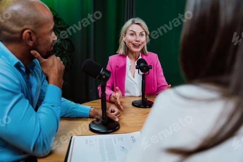Preview: Group of three diverse hosts having a podcast discussion