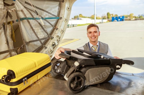 Preview: Cheerful man airline worker putting travel suitcase in aircraft