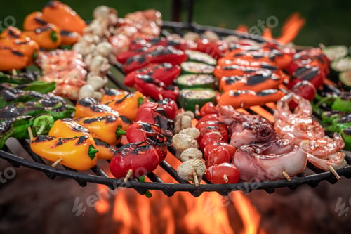 Preview: Hot and fresh roasted shashlik with herbs and spices.