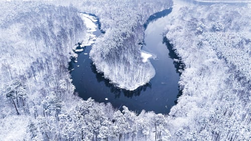 Preview: Aerial view of river and snowy forest in winter.
