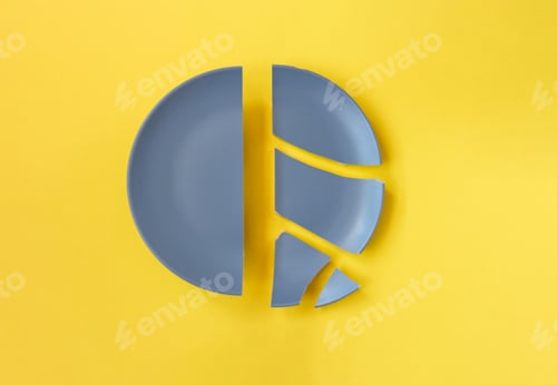 Preview: Broken gray ceramic plate on yellow background.