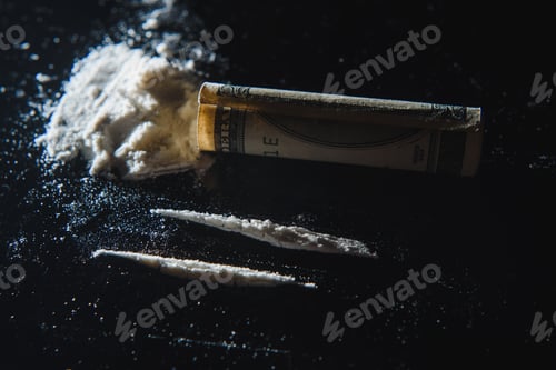 Preview: Cocaine and money isolated on black background