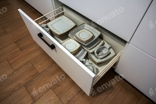 Preview: Open kitchen drawer with plates inside, a smart solution for kitchen storage and organizing