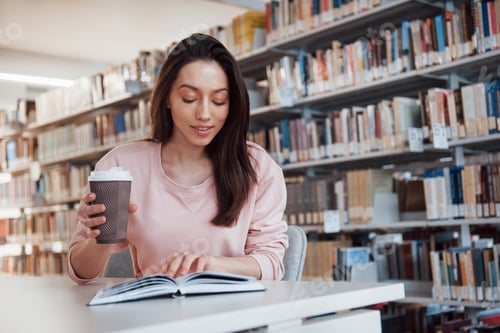Preview: Brunette girl in casual clothes having good time in the library full of books