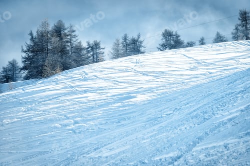 Preview: Mountain ski slope background on the skiing resort. Active winter holiday. European ski resort in