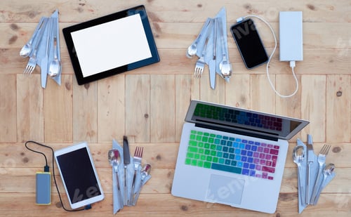 Preview: Technological table with electronic devices, laptop computer, tablet, smartphones, wooden background