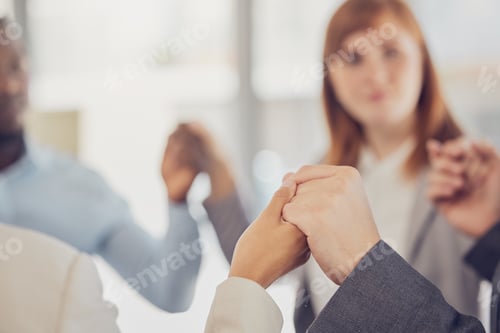 Preview: Hands, support and trust with a business team in solidarity during a prayer meeting in their office