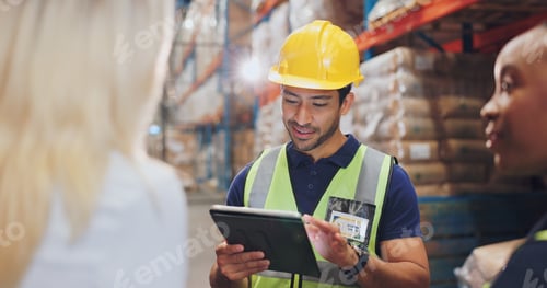 Preview: People, tablet and discussion in warehouse for logistics with group, planning and check inventory.