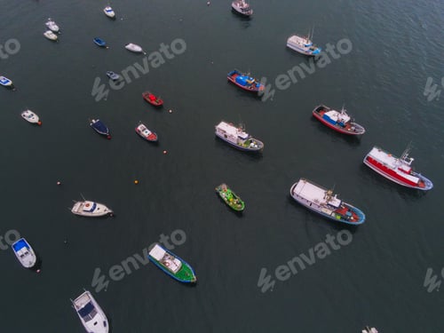 Preview: Aerial shot of boats on the water at Corcubion in Galicia, Spain