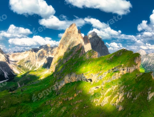 Preview: Aerial view of Seceda mountain in summer in Dolomites, Italy