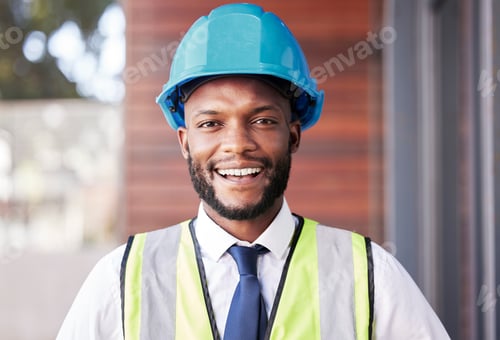 Preview: Portrait, engineer and black man with helmet, smile and construction planning. Architect, African A